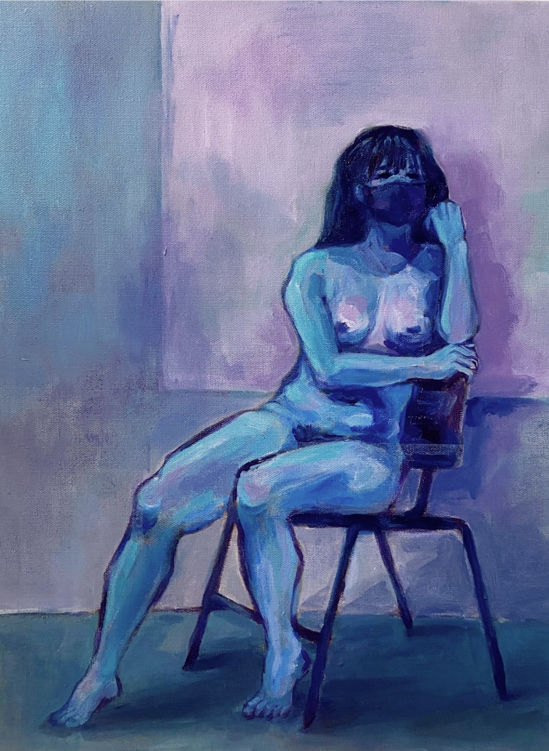 painting of blue purple woman nude wearing mask sitting down